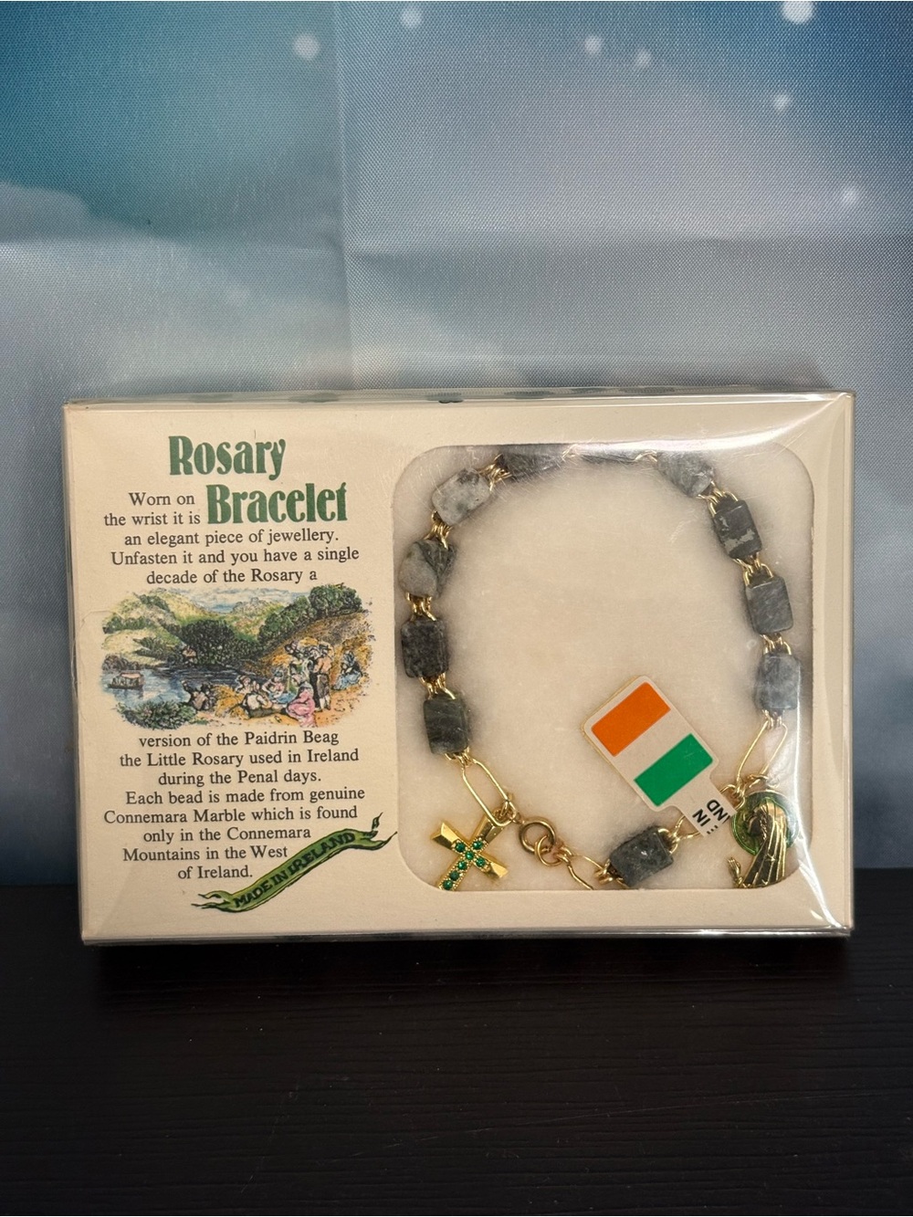 Connemara Marble Rosary bracelet. Handmade in Ireland. New in box.